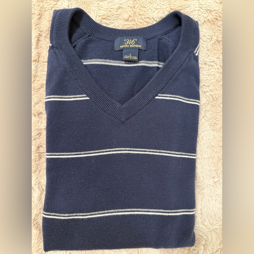 ($128) Brooks Brothers V-Neck Sweater (Size: L /  Color: Navy; White Stripes)